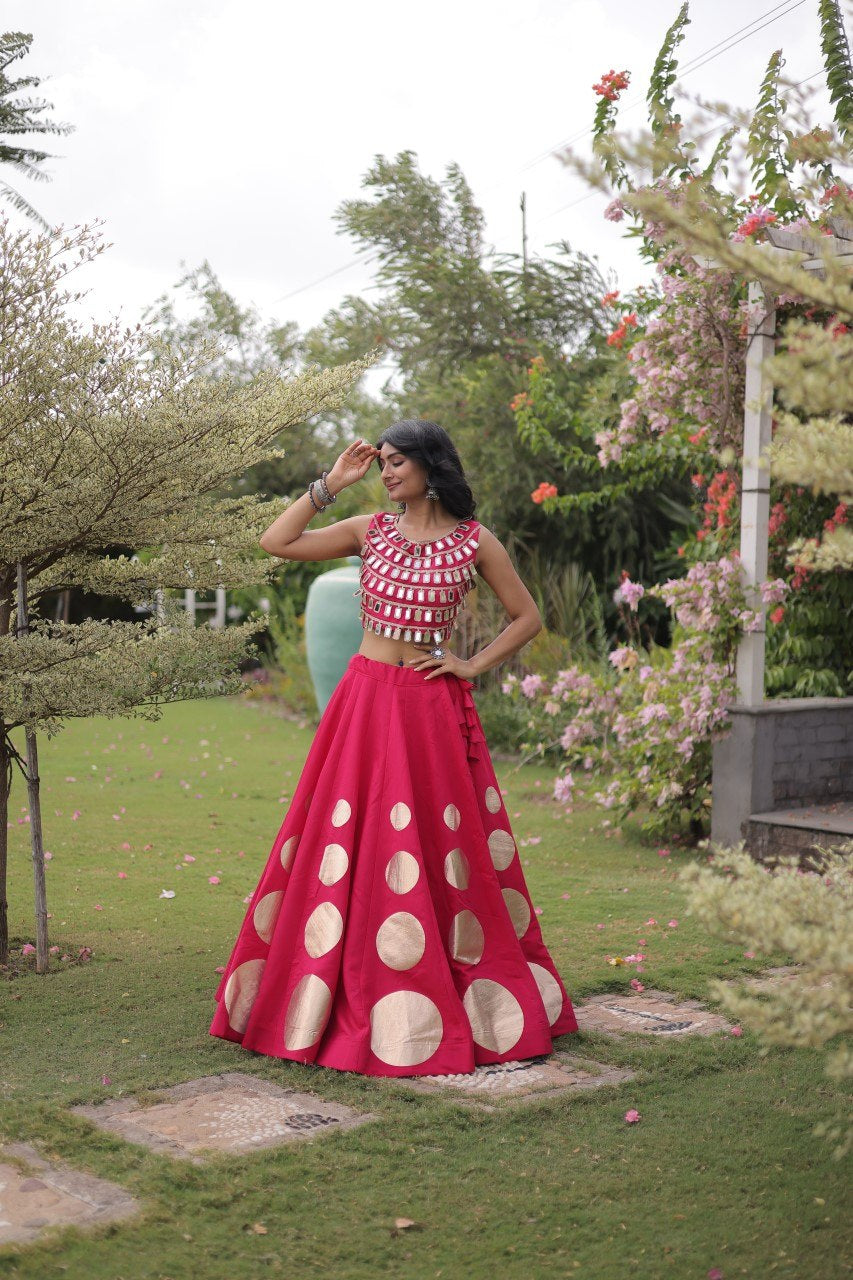 Womenline Rani Pink Mirror Work Navratri Lehenga Choli with Statement Circular Skirt