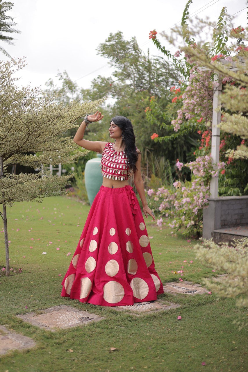 Womenline Rani Pink Mirror Work Navratri Lehenga Choli with Statement Circular Skirt
