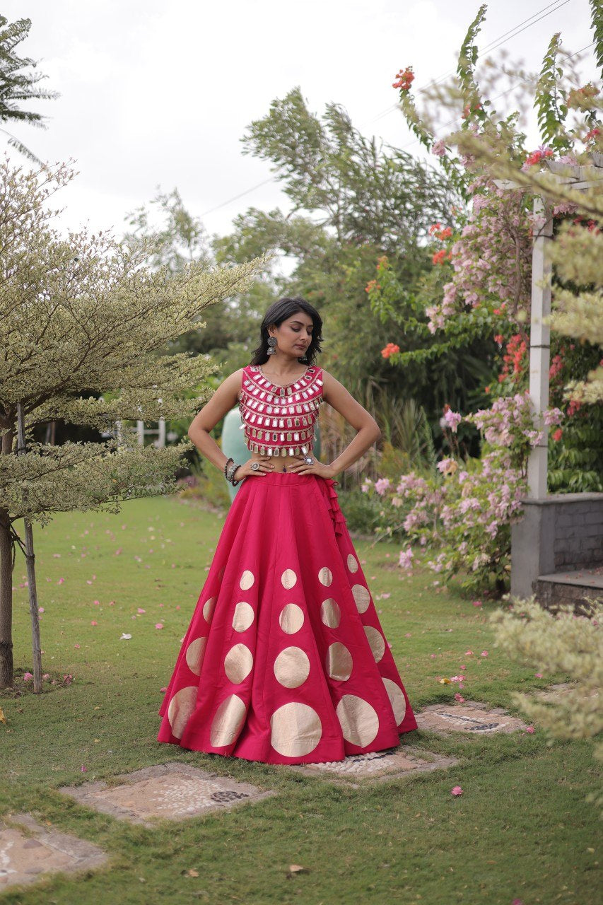 Womenline Rani Pink Mirror Work Navratri Lehenga Choli with Statement Circular Skirt