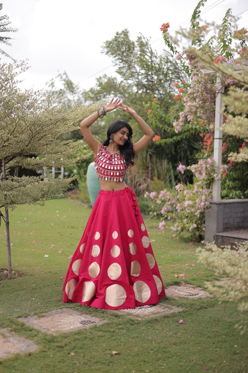 Womenline Rani Pink Mirror Work Navratri Lehenga Choli with Statement Circular Skirt