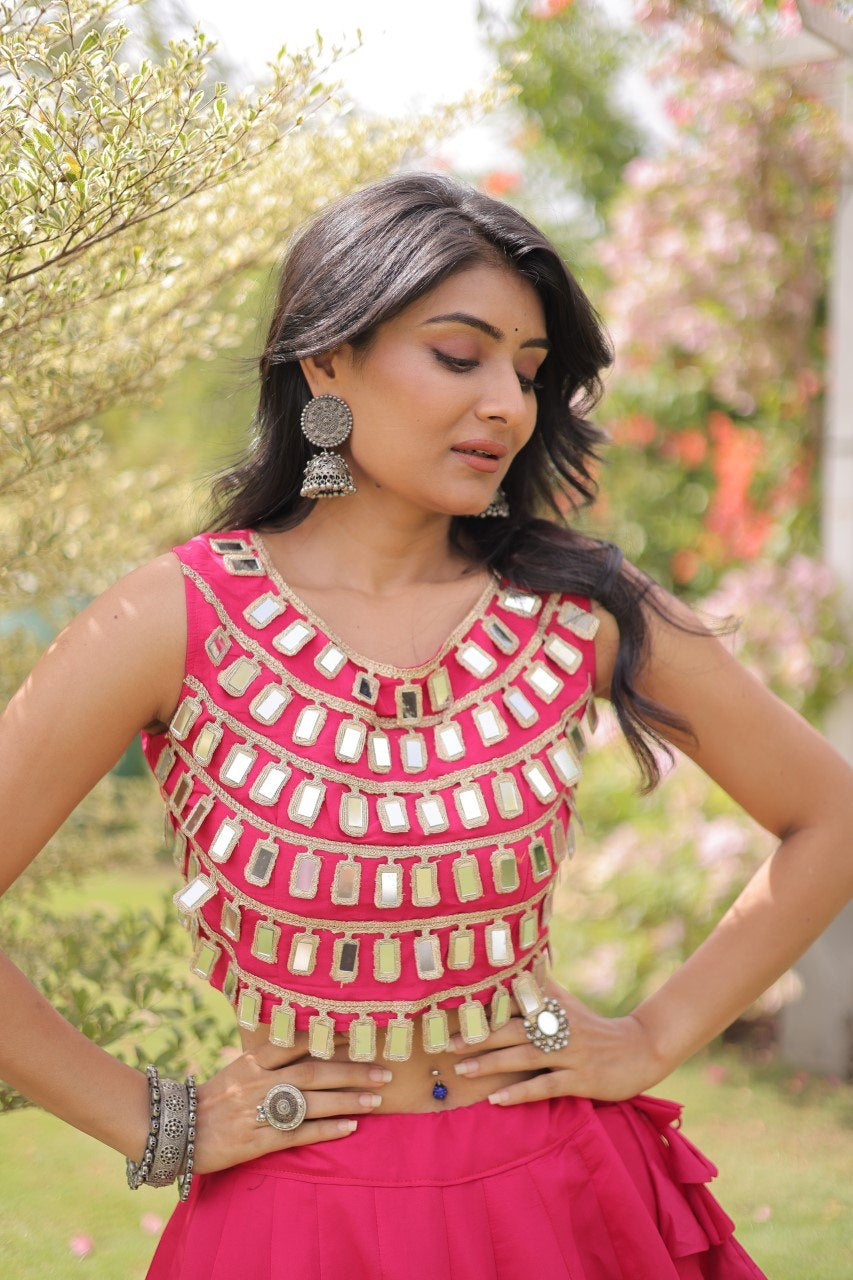 Womenline Rani Pink Mirror Work Navratri Lehenga Choli with Statement Circular Skirt