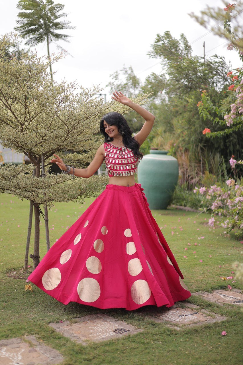 Womenline Rani Pink Mirror Work Navratri Lehenga Choli with Statement Circular Skirt