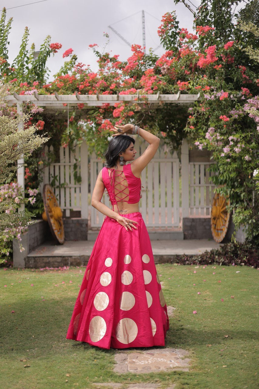 Womenline Rani Pink Mirror Work Navratri Lehenga Choli with Statement Circular Skirt