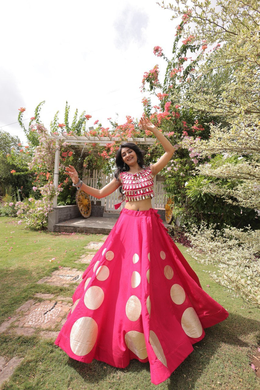 Womenline Rani Pink Mirror Work Navratri Lehenga Choli with Statement Circular Skirt