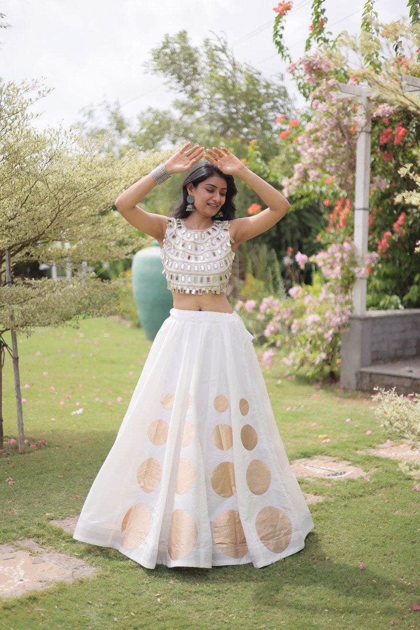 Womenline Elegant White Mirror Work Navratri Lehenga Choli with Statement Circular Skirt