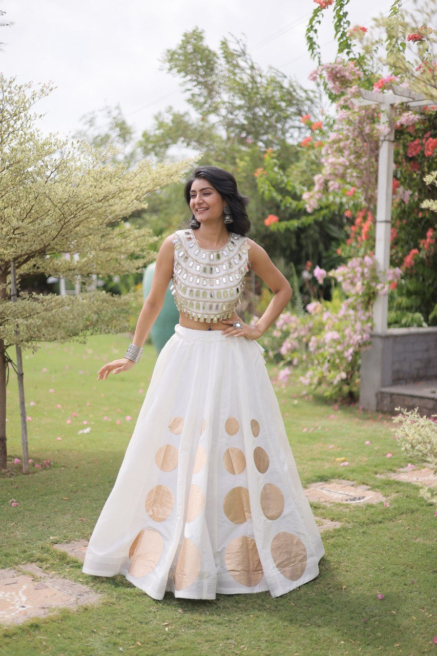 Womenline Elegant White Mirror Work Navratri Lehenga Choli with Statement Circular Skirt