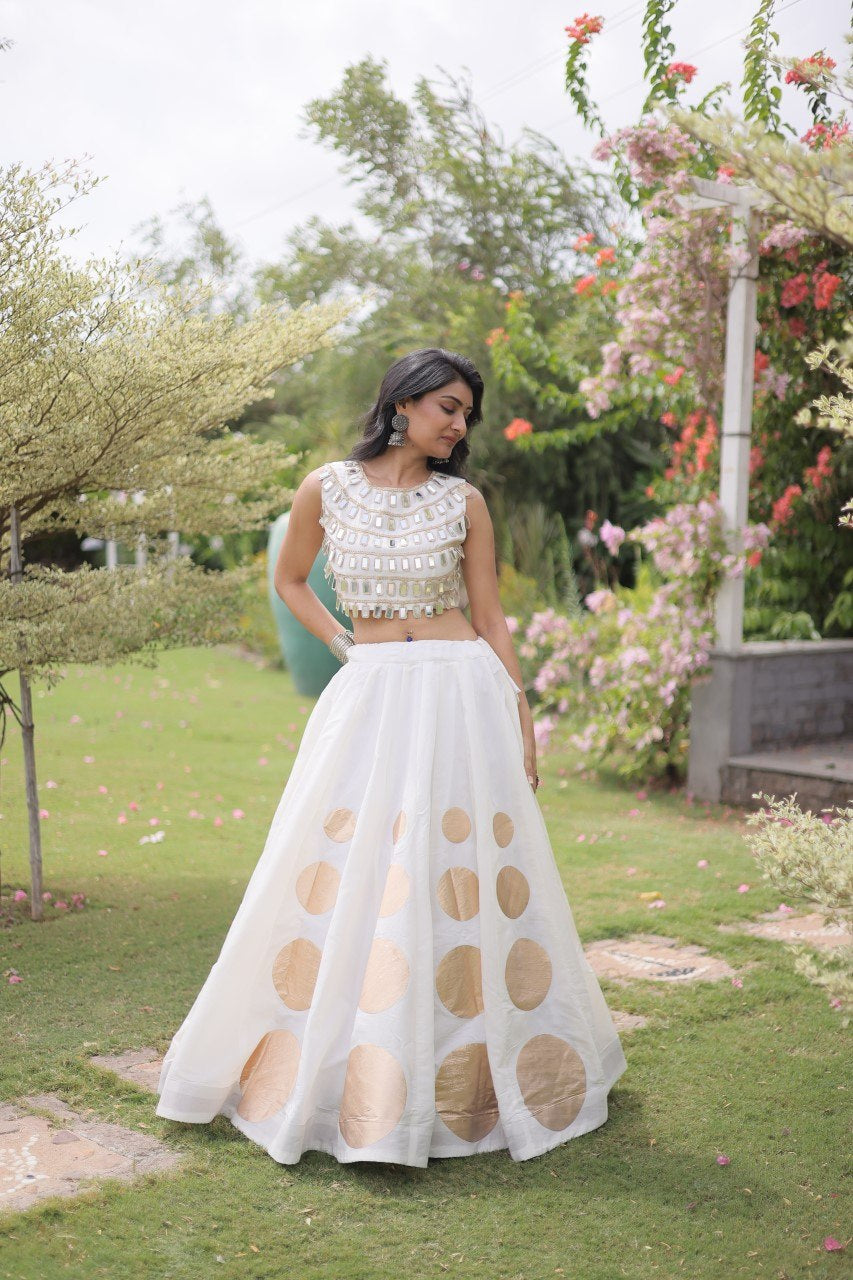 Womenline Elegant White Mirror Work Navratri Lehenga Choli with Statement Circular Skirt