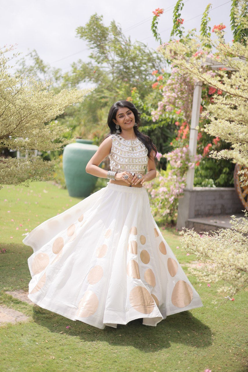 Womenline Elegant White Mirror Work Navratri Lehenga Choli with Statement Circular Skirt