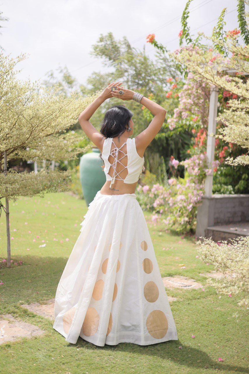 Womenline Elegant White Mirror Work Navratri Lehenga Choli with Statement Circular Skirt
