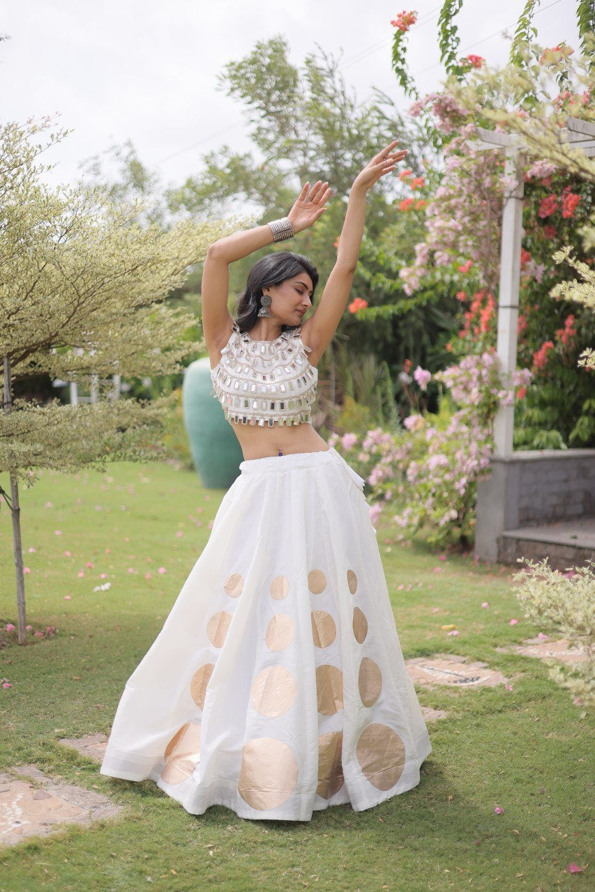Womenline Elegant White Mirror Work Navratri Lehenga Choli with Statement Circular Skirt