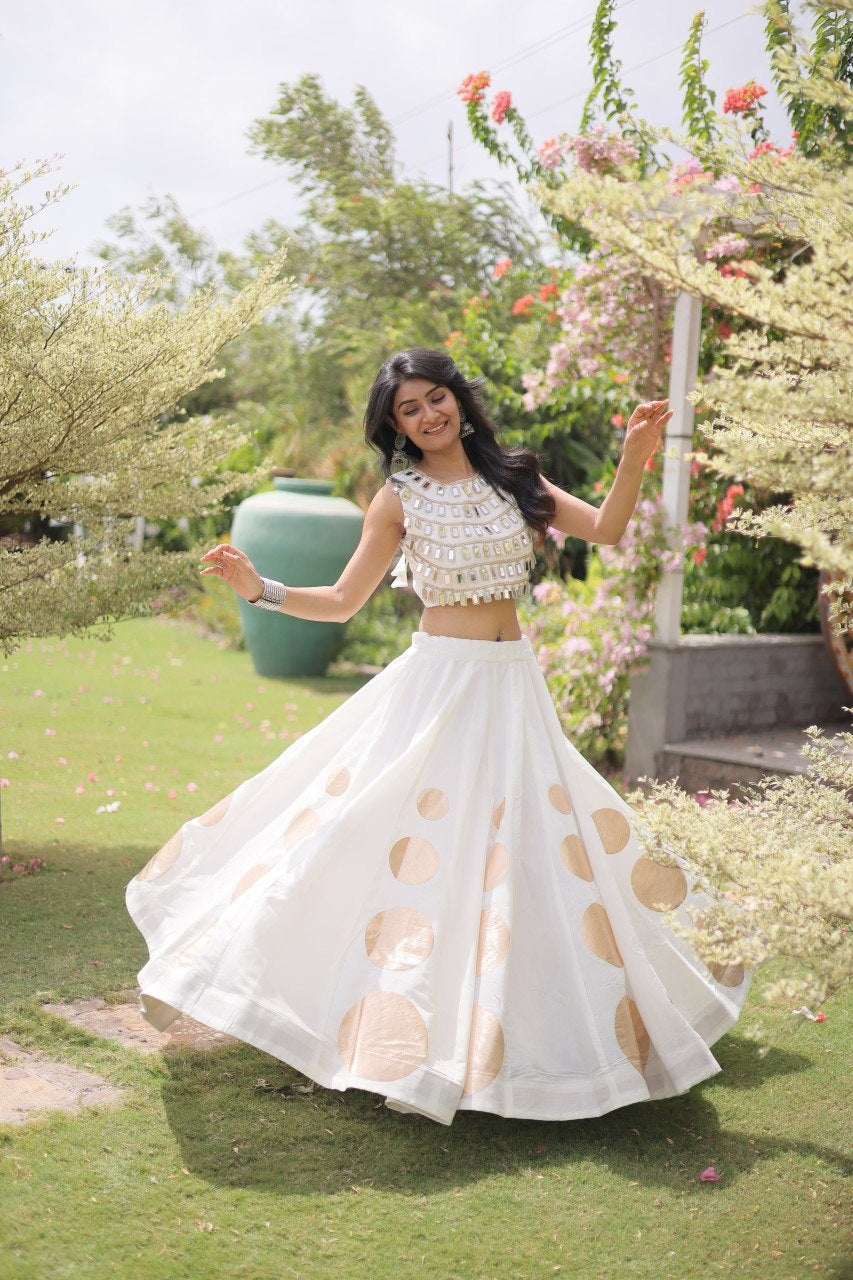Womenline Elegant White Mirror Work Navratri Lehenga Choli with Statement Circular Skirt