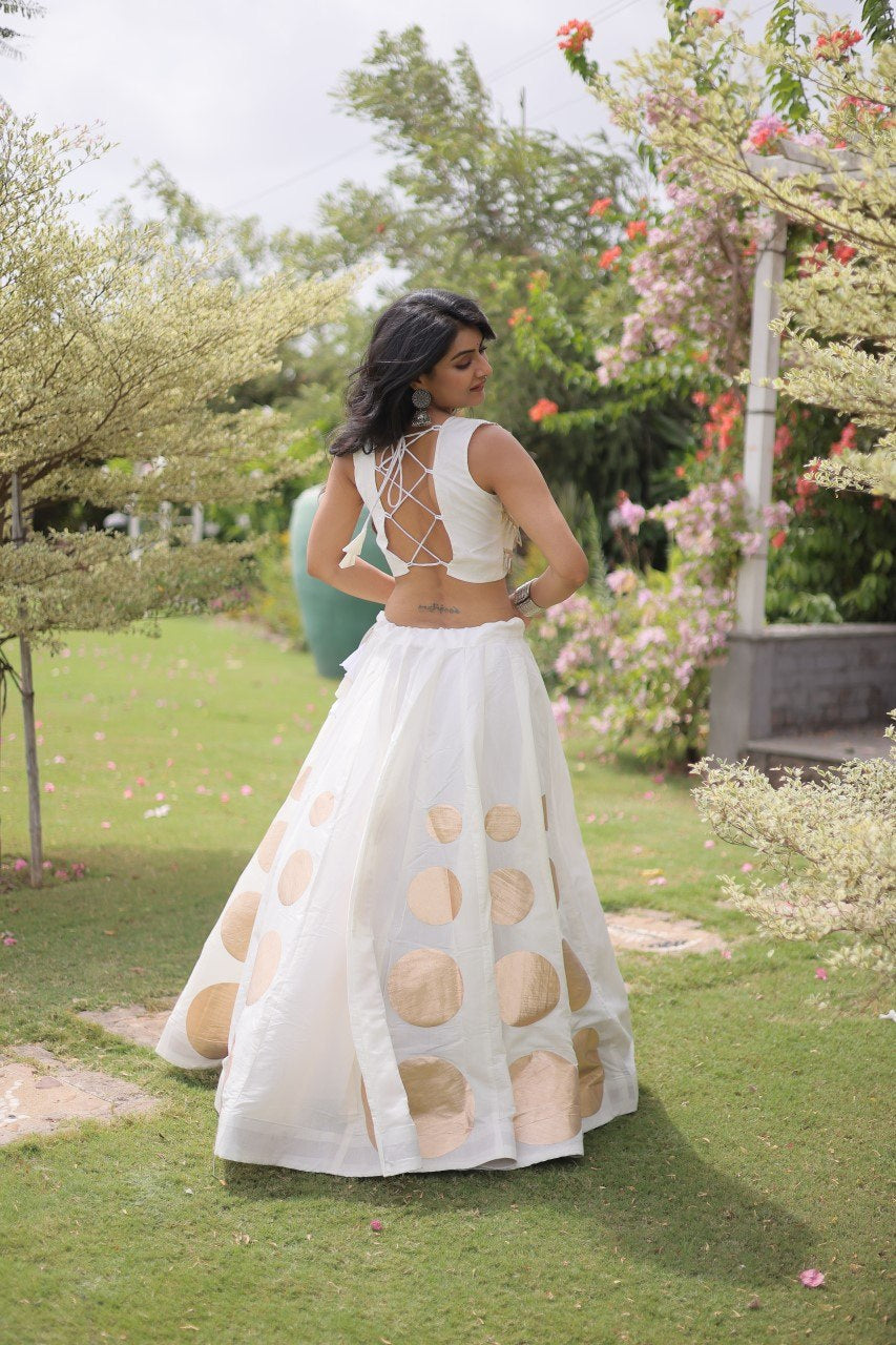Womenline Elegant White Mirror Work Navratri Lehenga Choli with Statement Circular Skirt