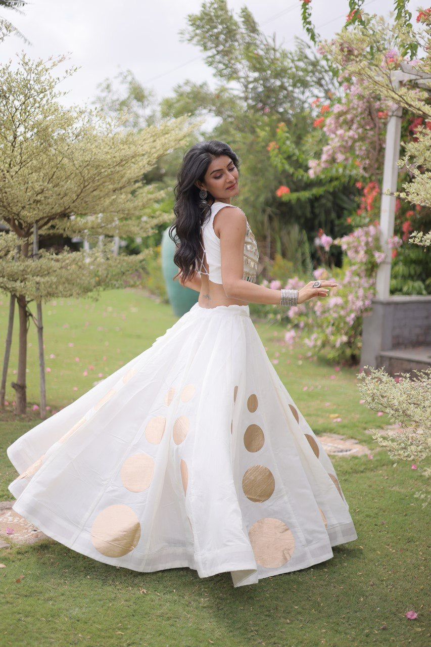 Womenline Elegant White Mirror Work Navratri Lehenga Choli with Statement Circular Skirt