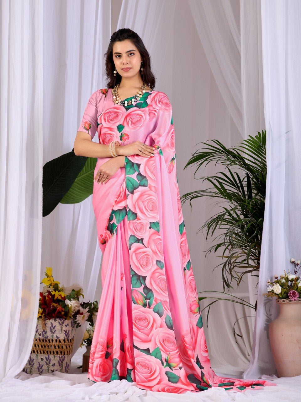 Womenline Pink Rose Floral Printed Georgette Saree with Matching Blouse