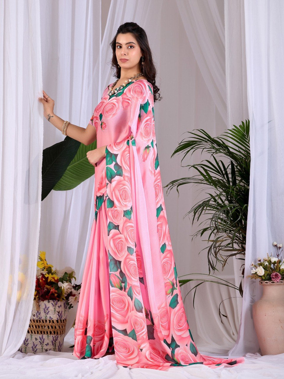 Womenline Pink Rose Floral Printed Georgette Saree with Matching Blouse