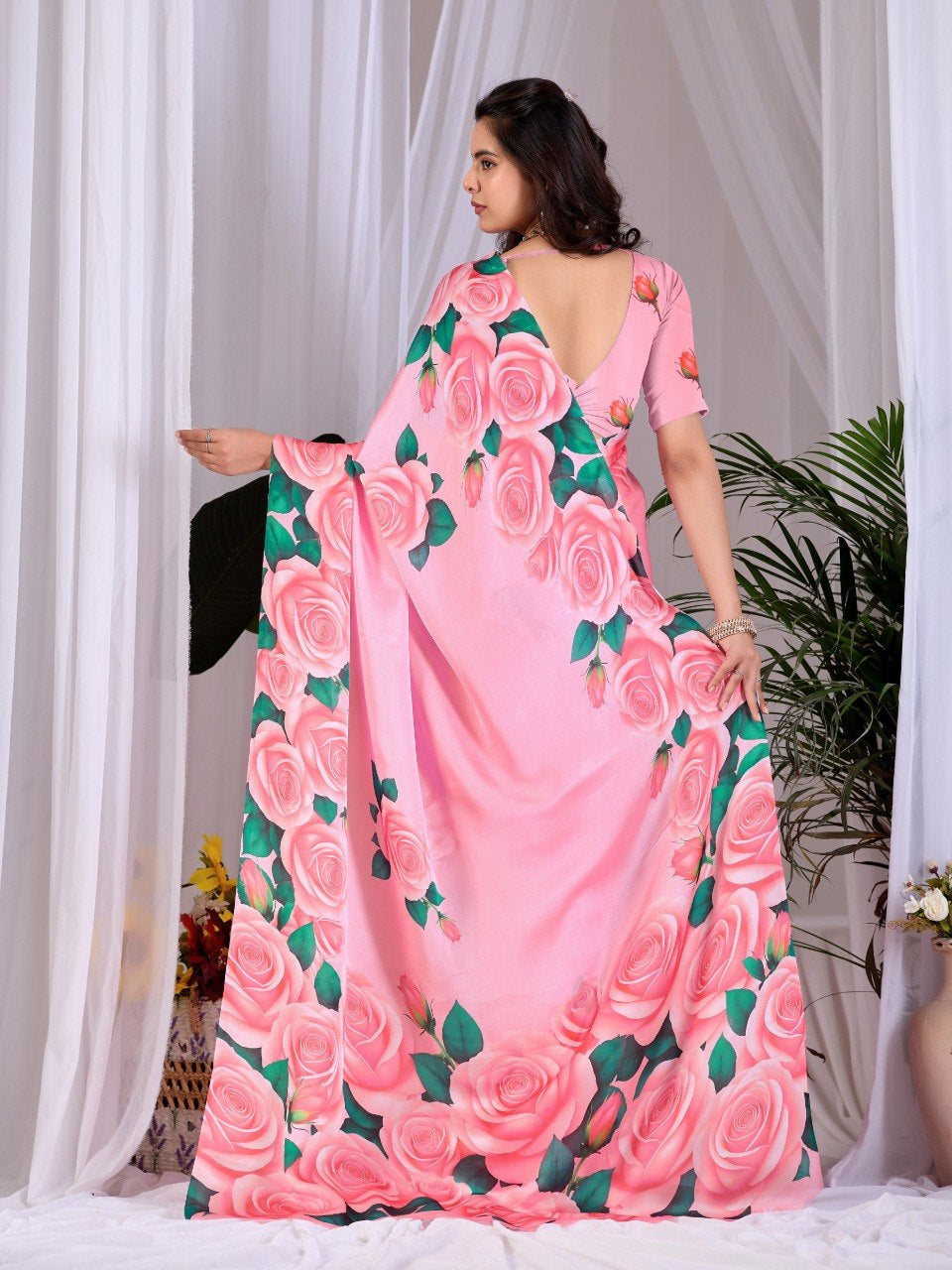 Womenline Pink Rose Floral Printed Georgette Saree with Matching Blouse