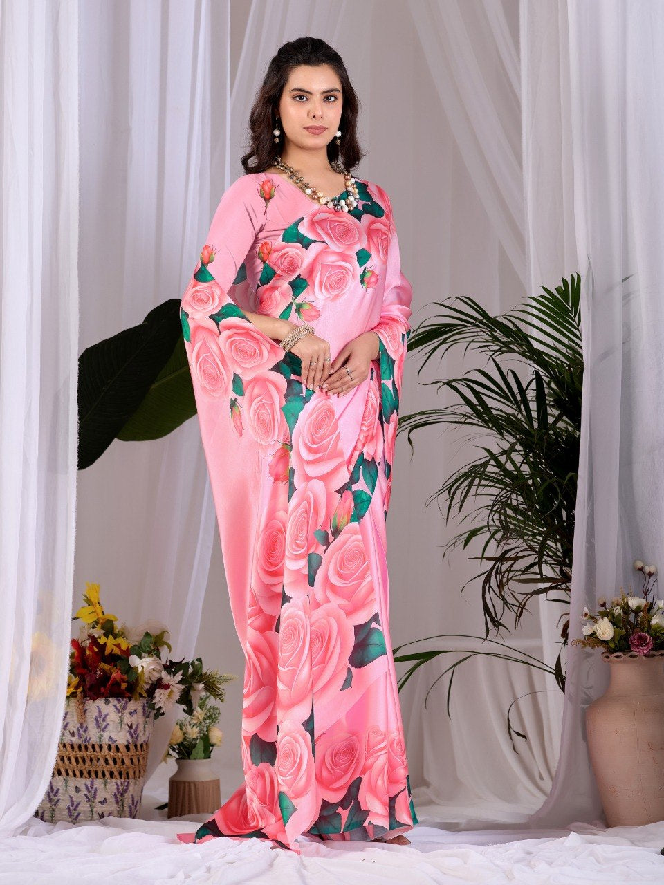 Womenline Pink Rose Floral Printed Georgette Saree with Matching Blouse
