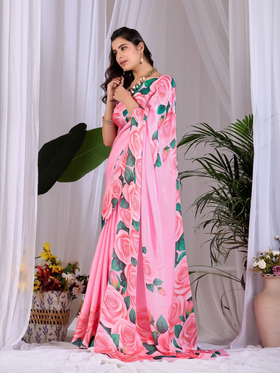 Womenline Pink Rose Floral Printed Georgette Saree with Matching Blouse