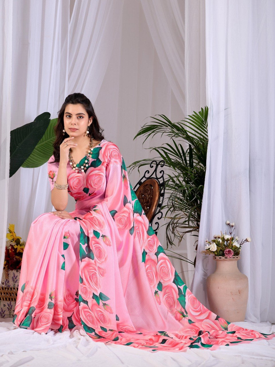 Womenline Pink Rose Floral Printed Georgette Saree with Matching Blouse