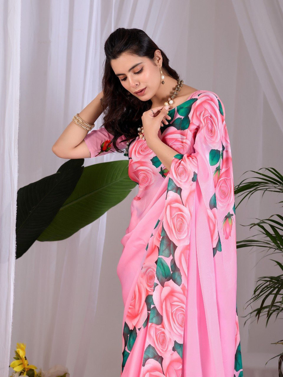 Womenline Pink Rose Floral Printed Georgette Saree with Matching Blouse