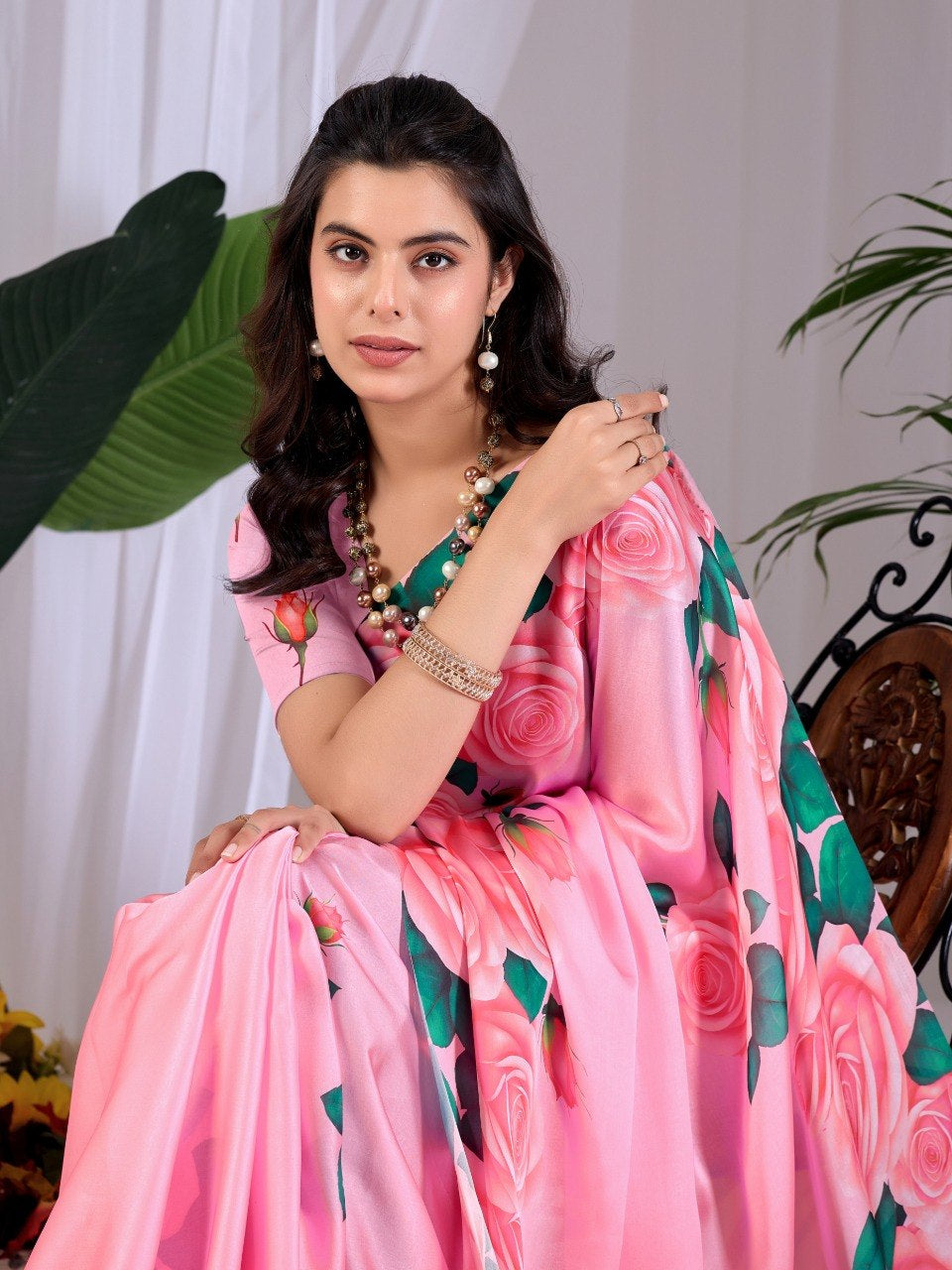 Womenline Pink Rose Floral Printed Georgette Saree with Matching Blouse