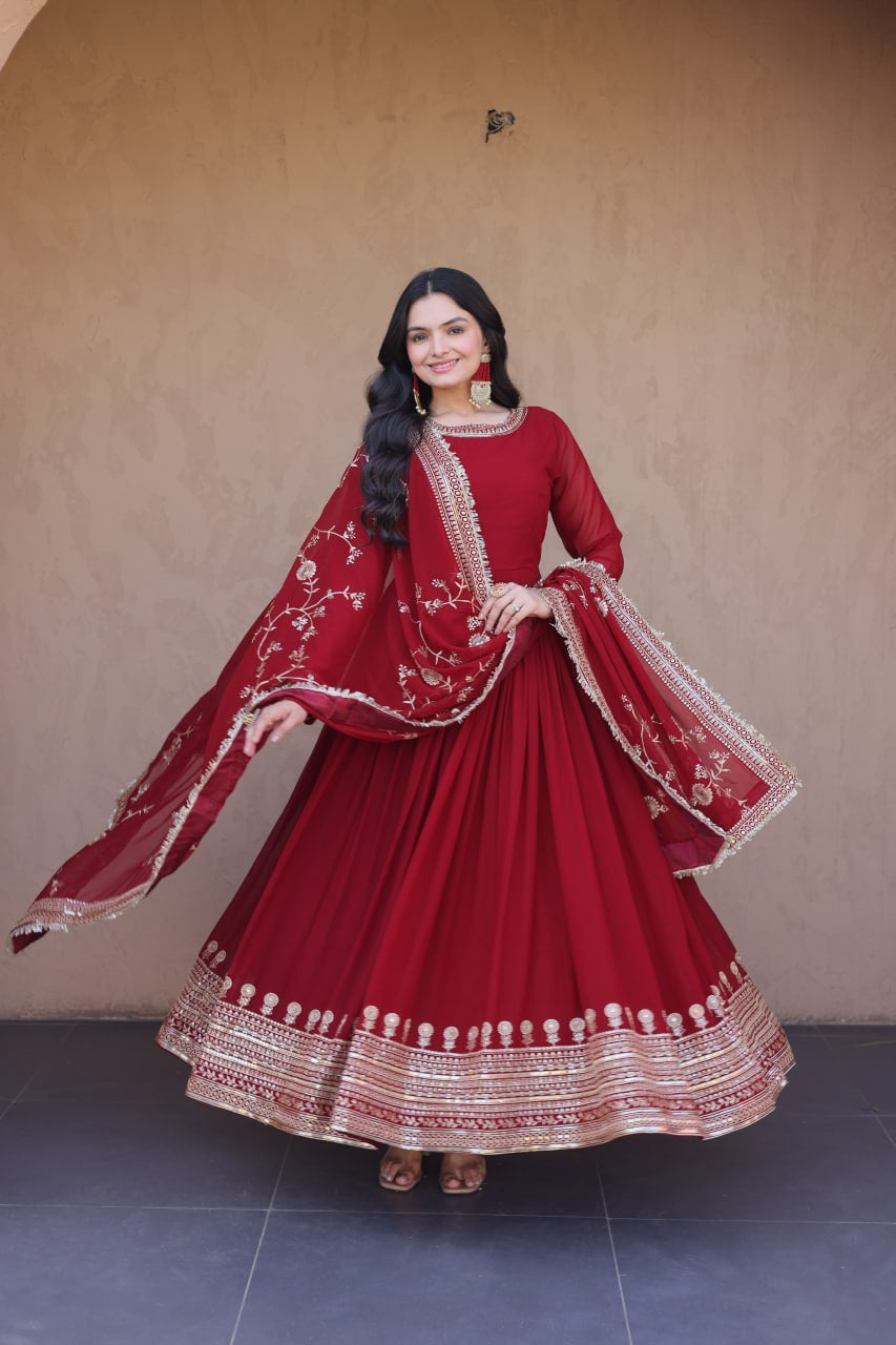 Womenline Maroon Embroidered Anarkali Gown Set with Designer Dupatta