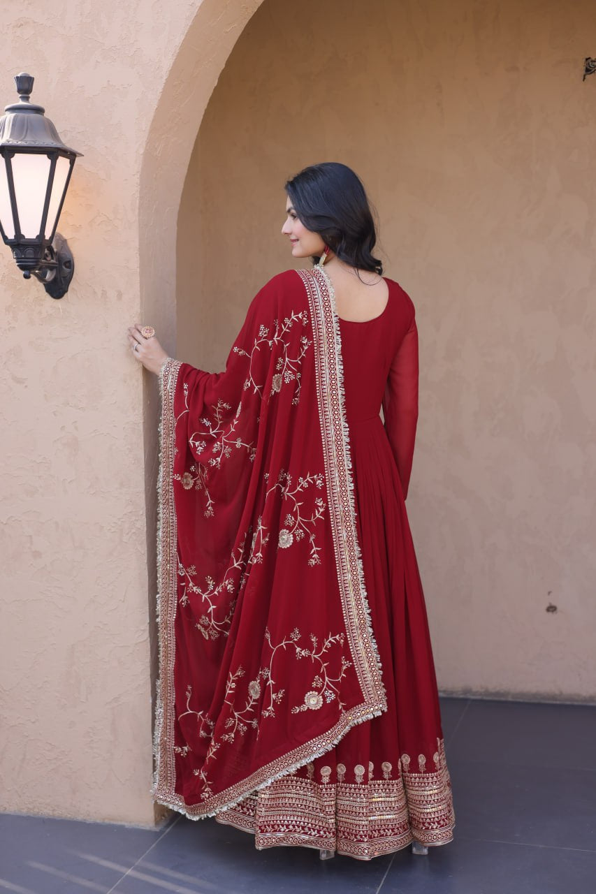 Womenline Maroon Embroidered Anarkali Gown Set with Designer Dupatta