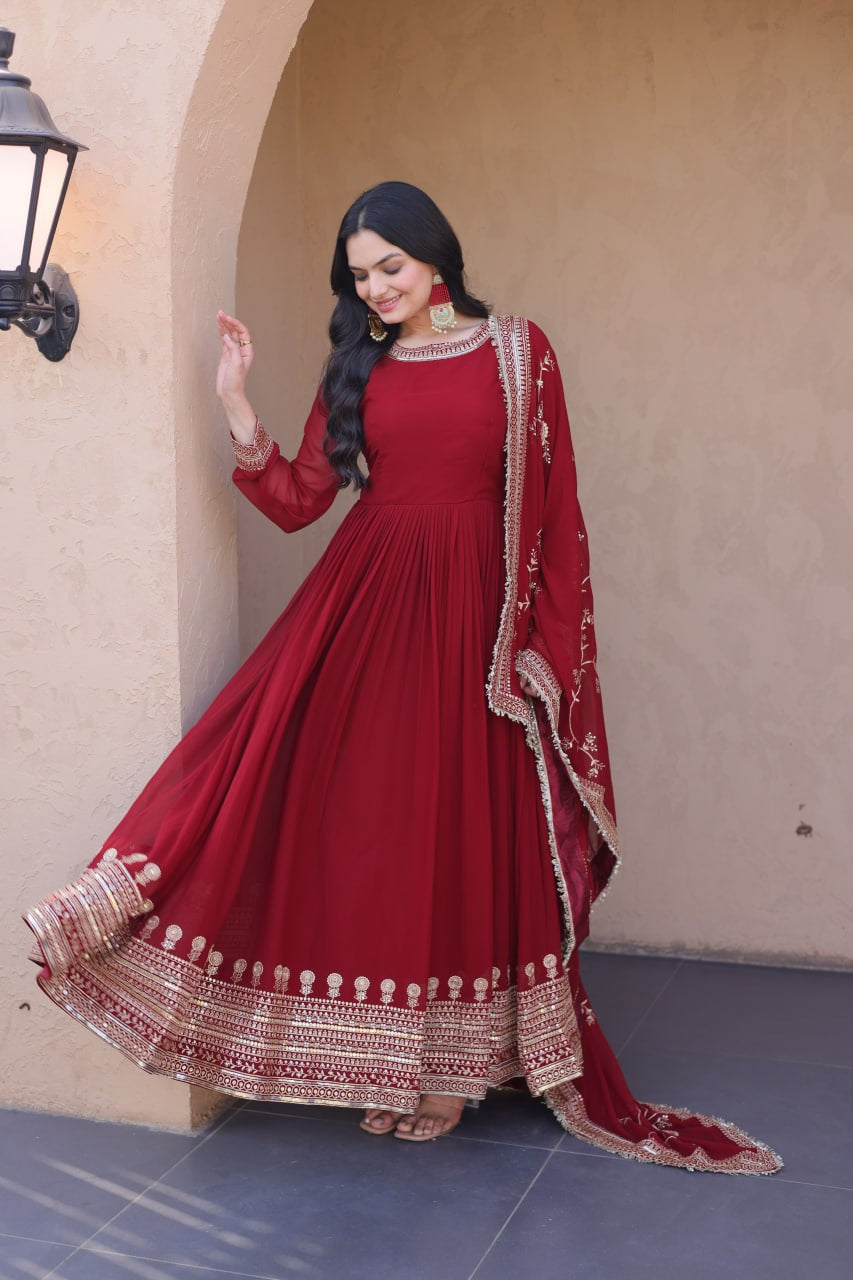 Womenline Maroon Embroidered Anarkali Gown Set with Designer Dupatta