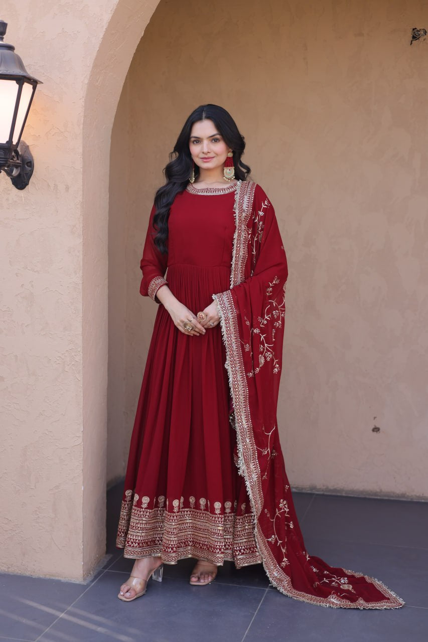 Womenline Maroon Embroidered Anarkali Gown Set with Designer Dupatta