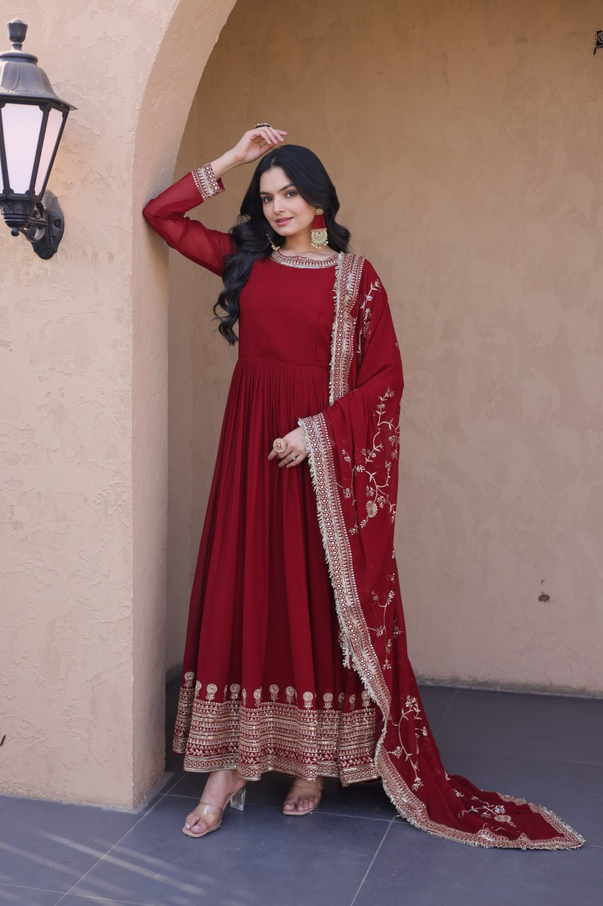 Womenline Maroon Embroidered Anarkali Gown Set with Designer Dupatta