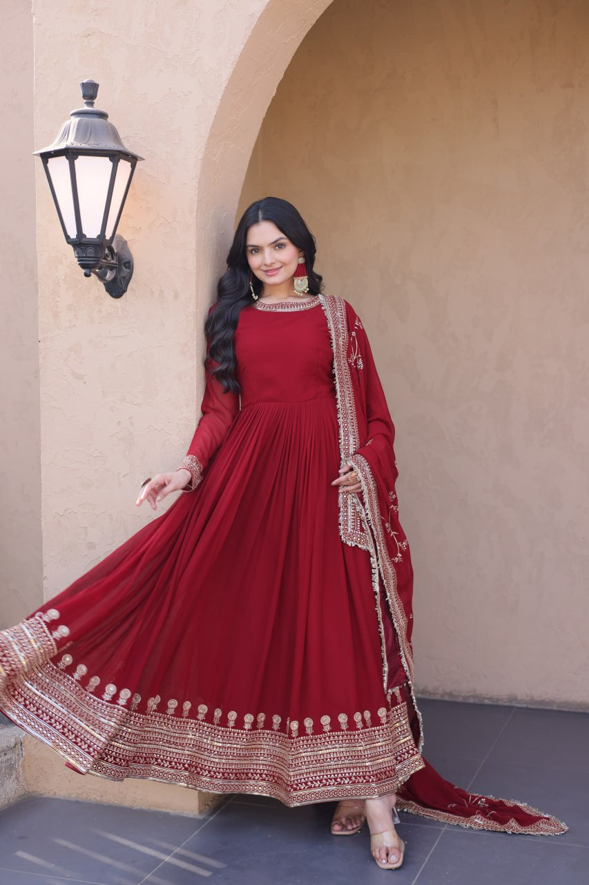 Womenline Maroon Embroidered Anarkali Gown Set with Designer Dupatta