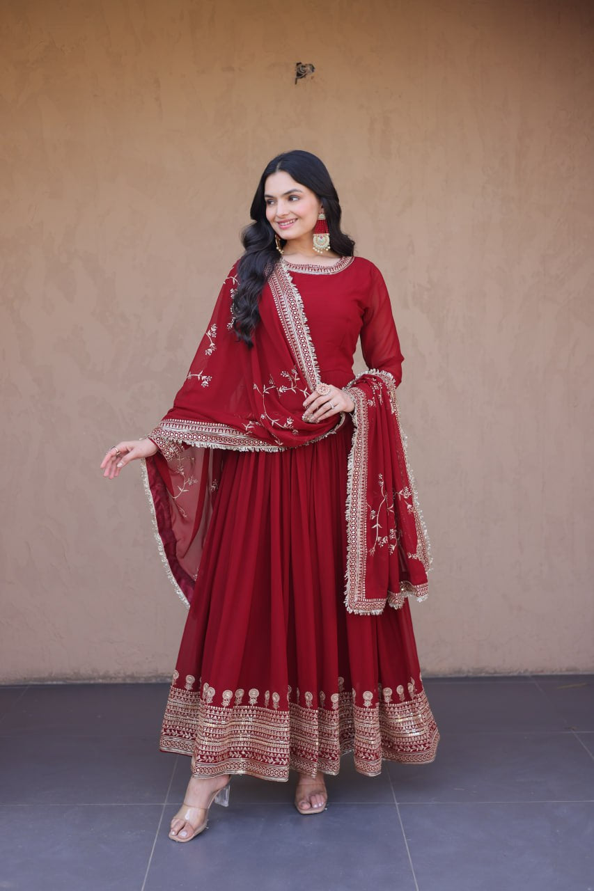 Womenline Maroon Embroidered Anarkali Gown Set with Designer Dupatta
