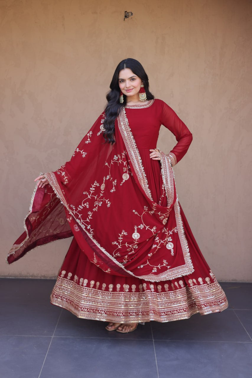 Womenline Maroon Embroidered Anarkali Gown Set with Designer Dupatta