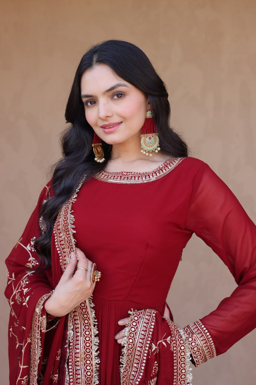 Womenline Maroon Embroidered Anarkali Gown Set with Designer Dupatta