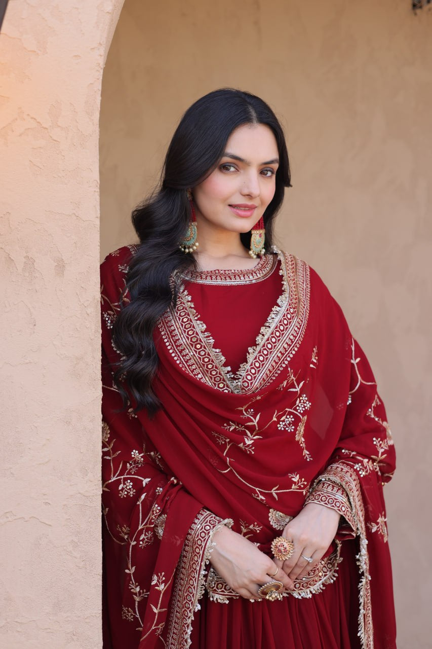 Womenline Maroon Embroidered Anarkali Gown Set with Designer Dupatta