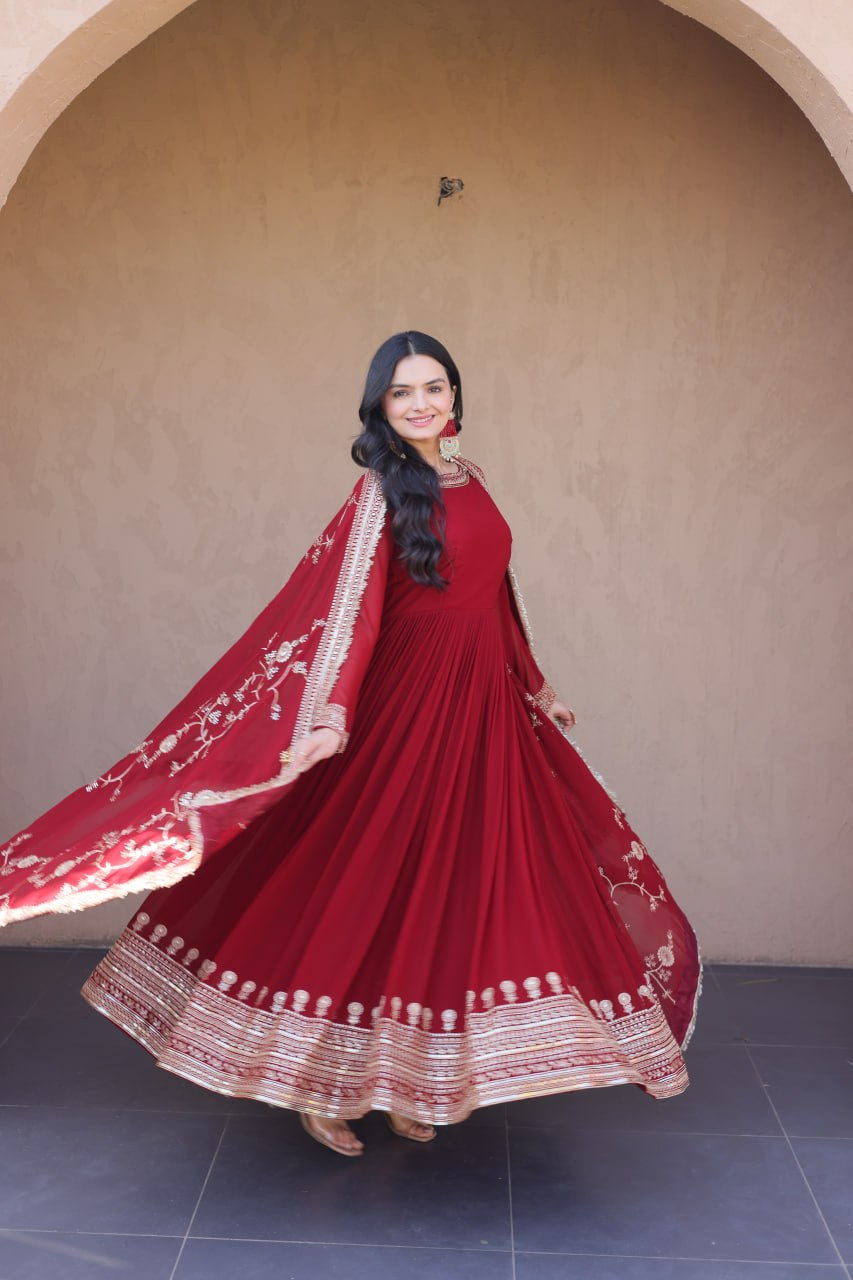 Womenline Maroon Embroidered Anarkali Gown Set with Designer Dupatta