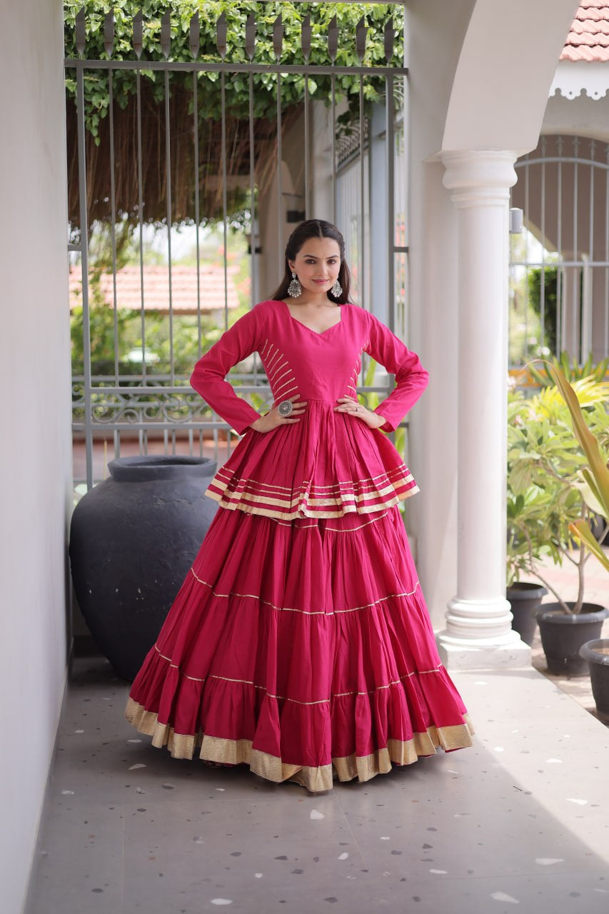 Womenline Rani Pink Tiered Navratri Lehenga Choli with Golden Border