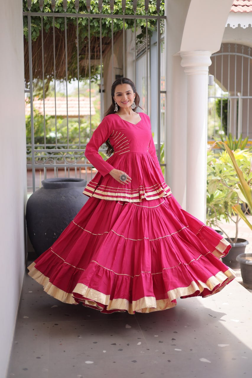 Womenline Rani Pink Tiered Navratri Lehenga Choli with Golden Border