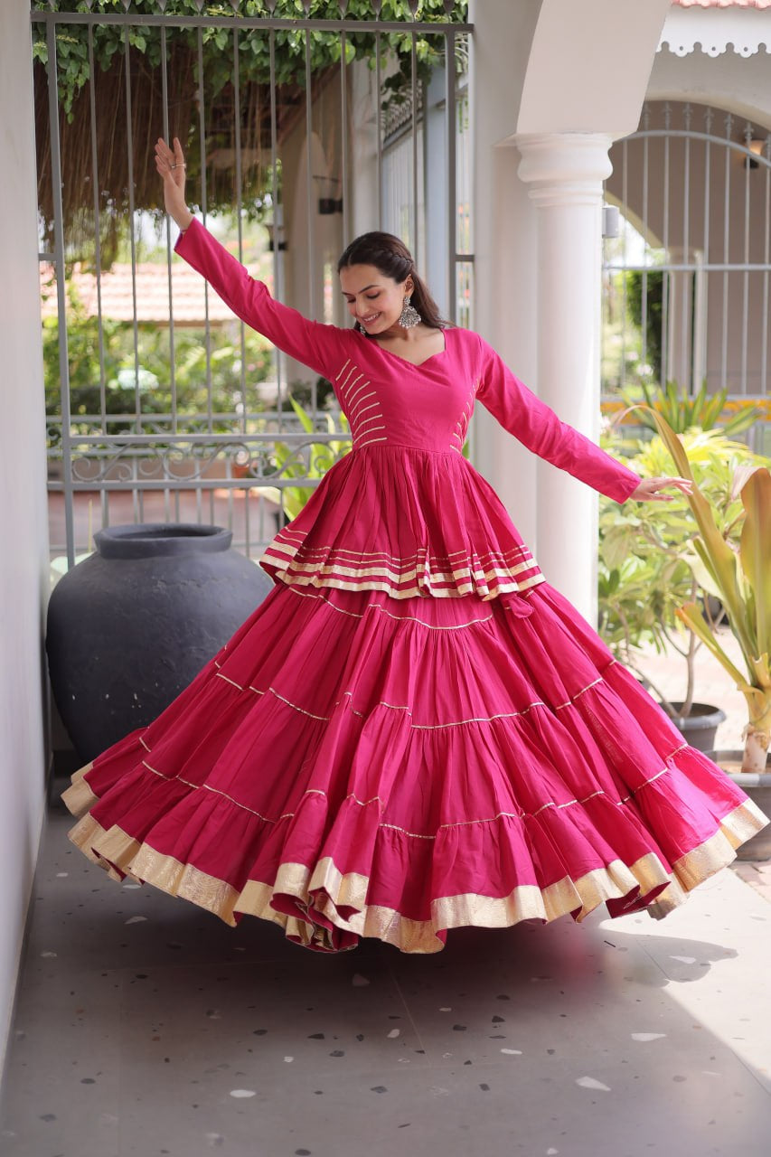 Womenline Rani Pink Tiered Navratri Lehenga Choli with Golden Border