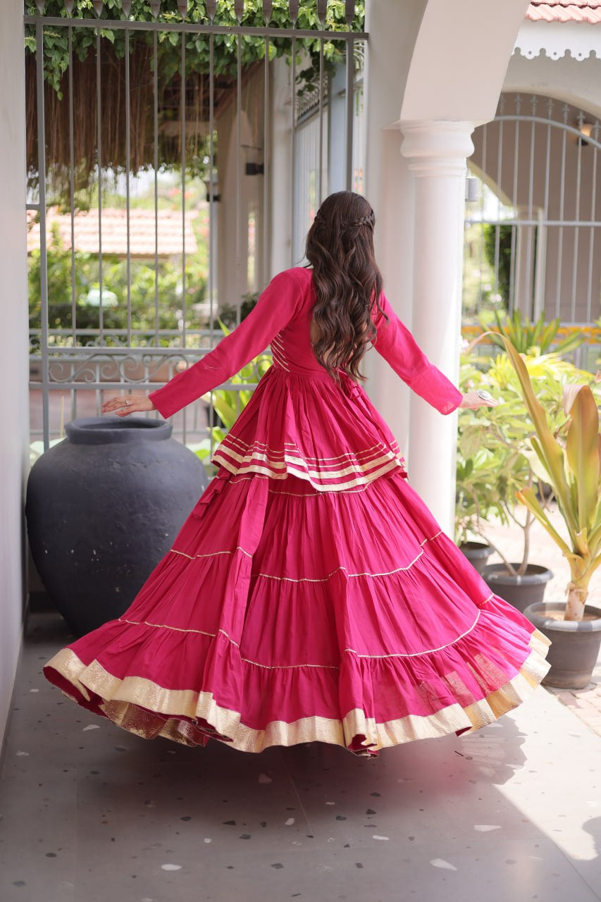 Womenline Rani Pink Tiered Navratri Lehenga Choli with Golden Border