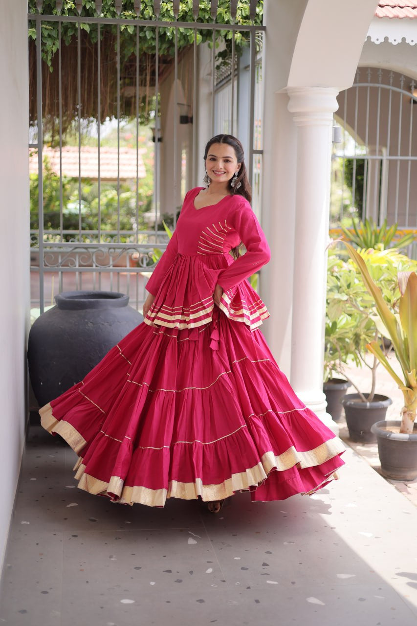 Womenline Rani Pink Tiered Navratri Lehenga Choli with Golden Border