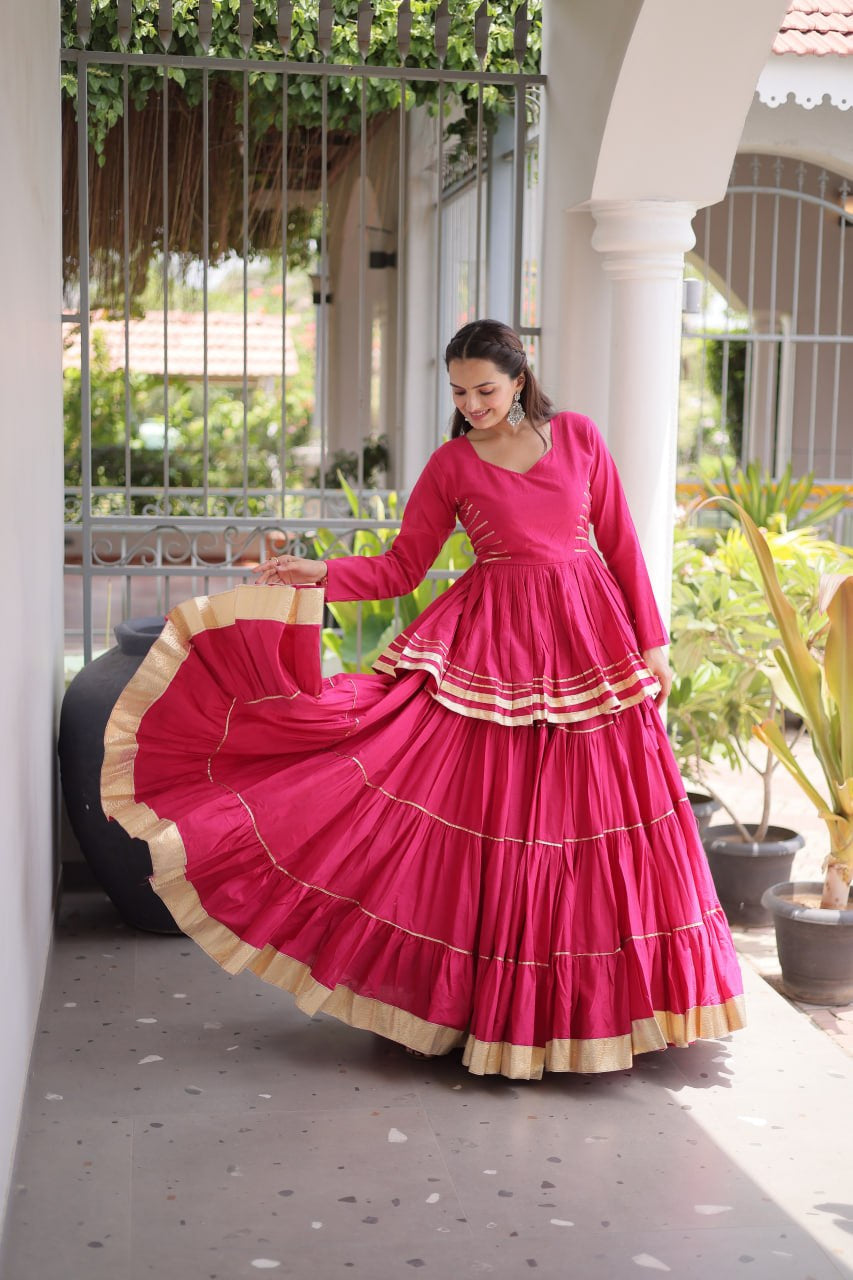 Womenline Rani Pink Tiered Navratri Lehenga Choli with Golden Border