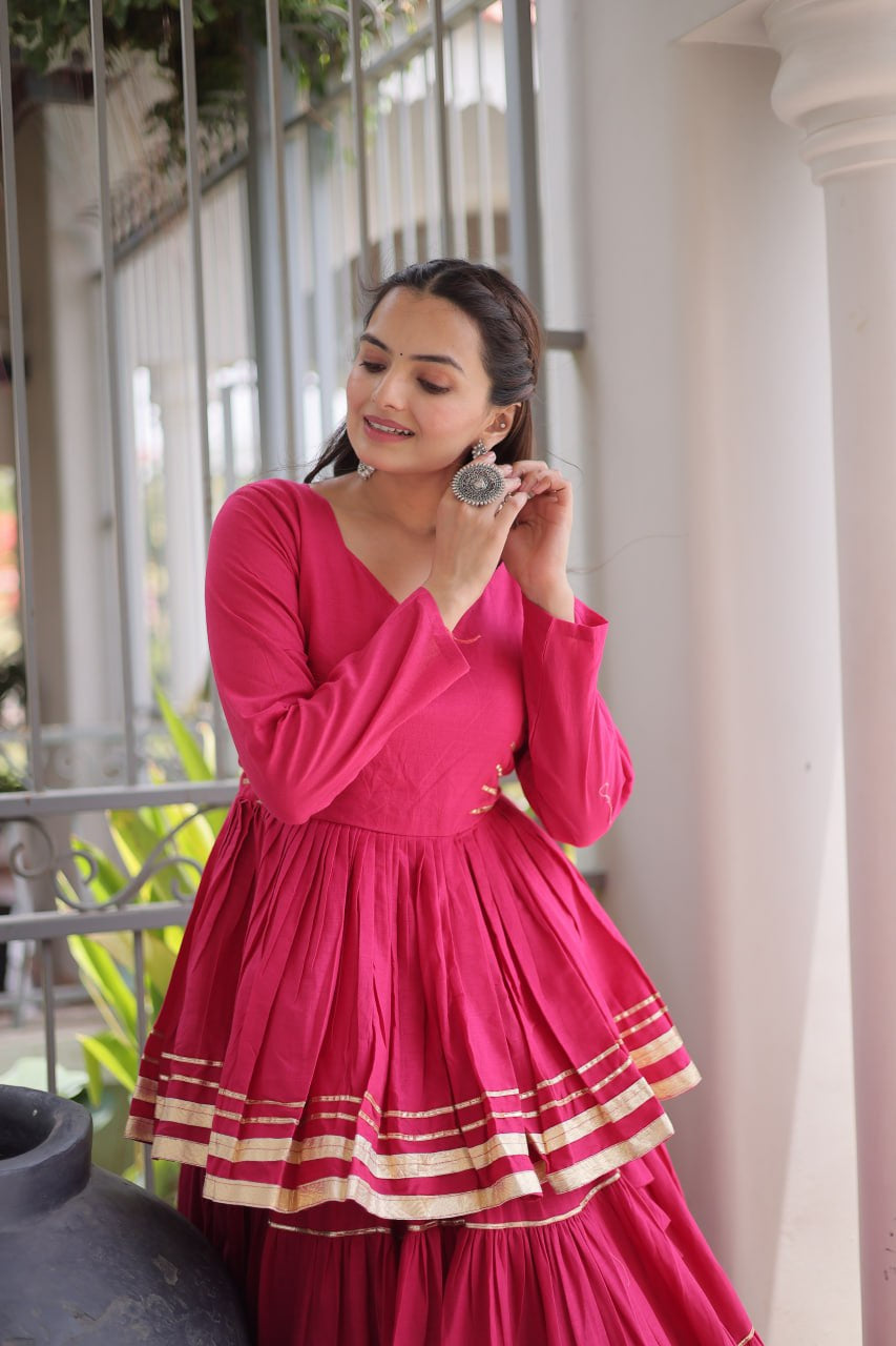 Womenline Rani Pink Tiered Navratri Lehenga Choli with Golden Border