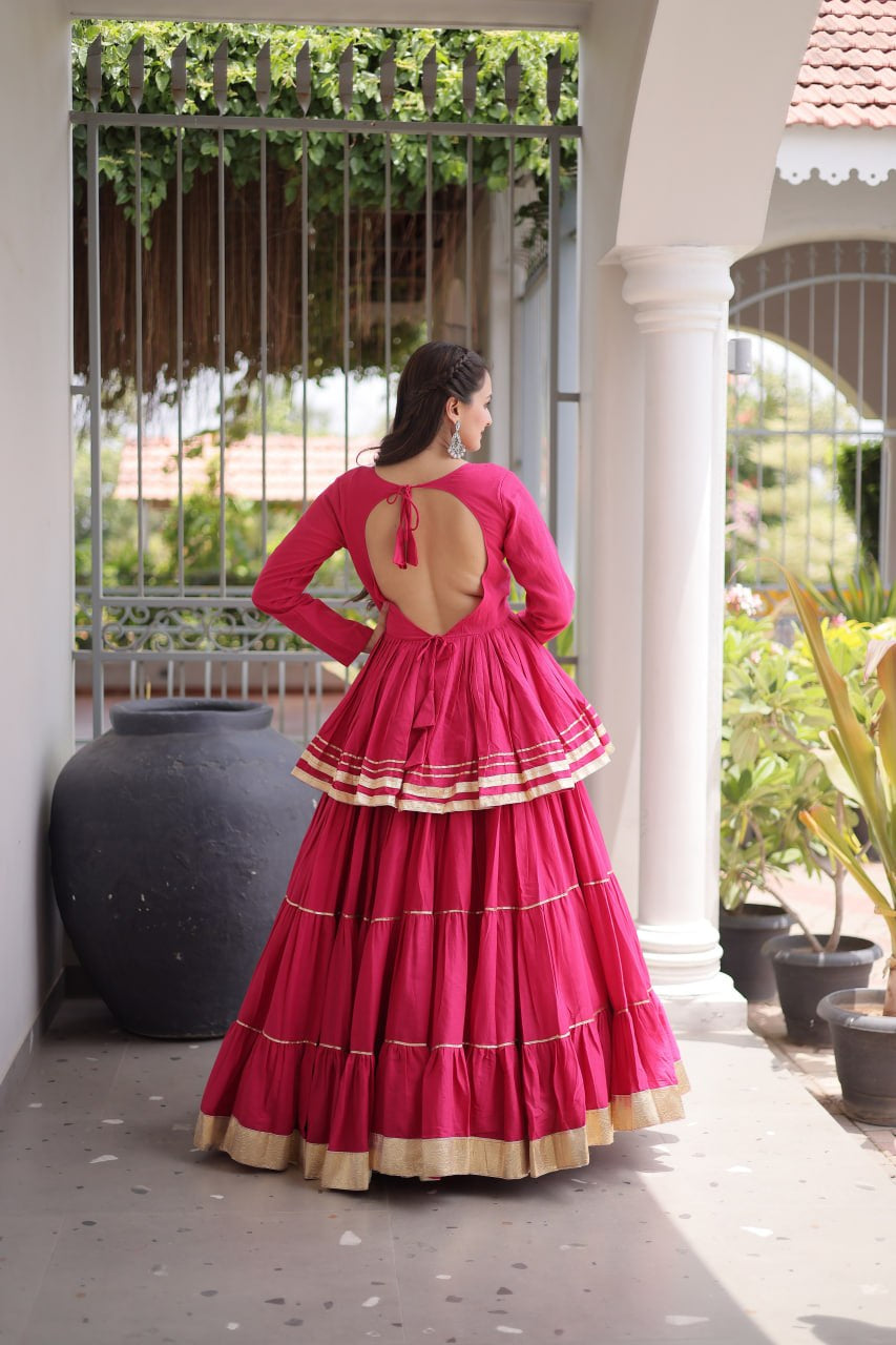 Womenline Rani Pink Tiered Navratri Lehenga Choli with Golden Border
