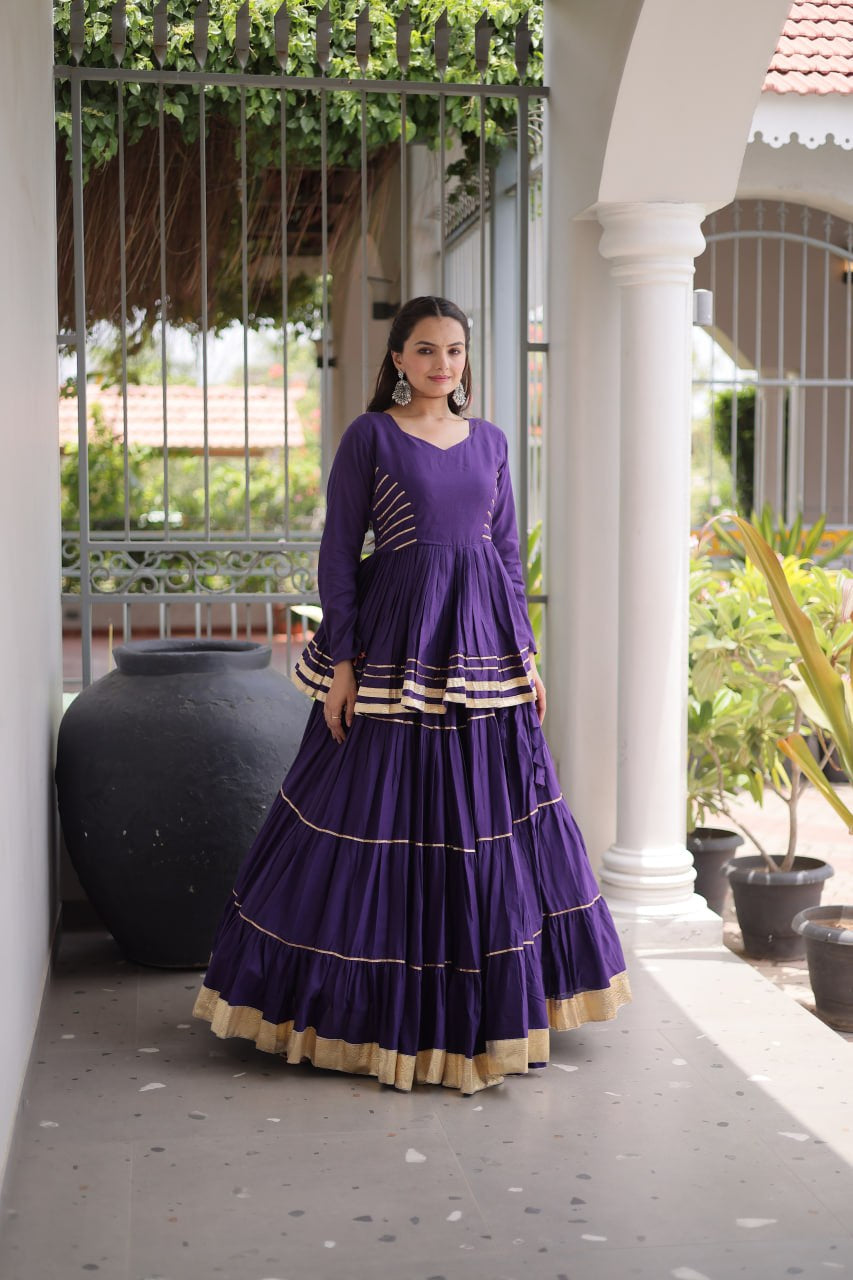 Womenline Royal Purple Tiered Navratri Lehenga Choli with Golden Border