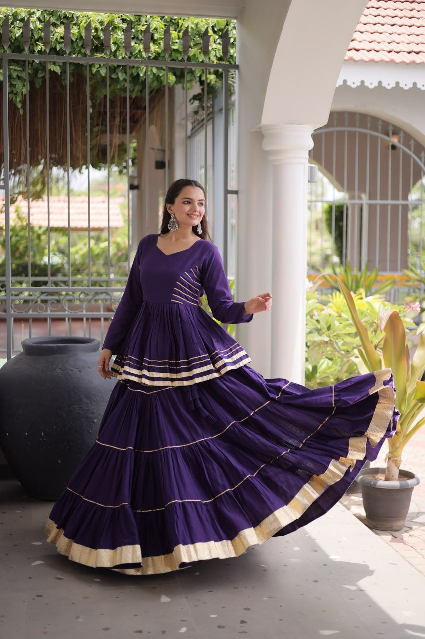 Womenline Royal Purple Tiered Navratri Lehenga Choli with Golden Border