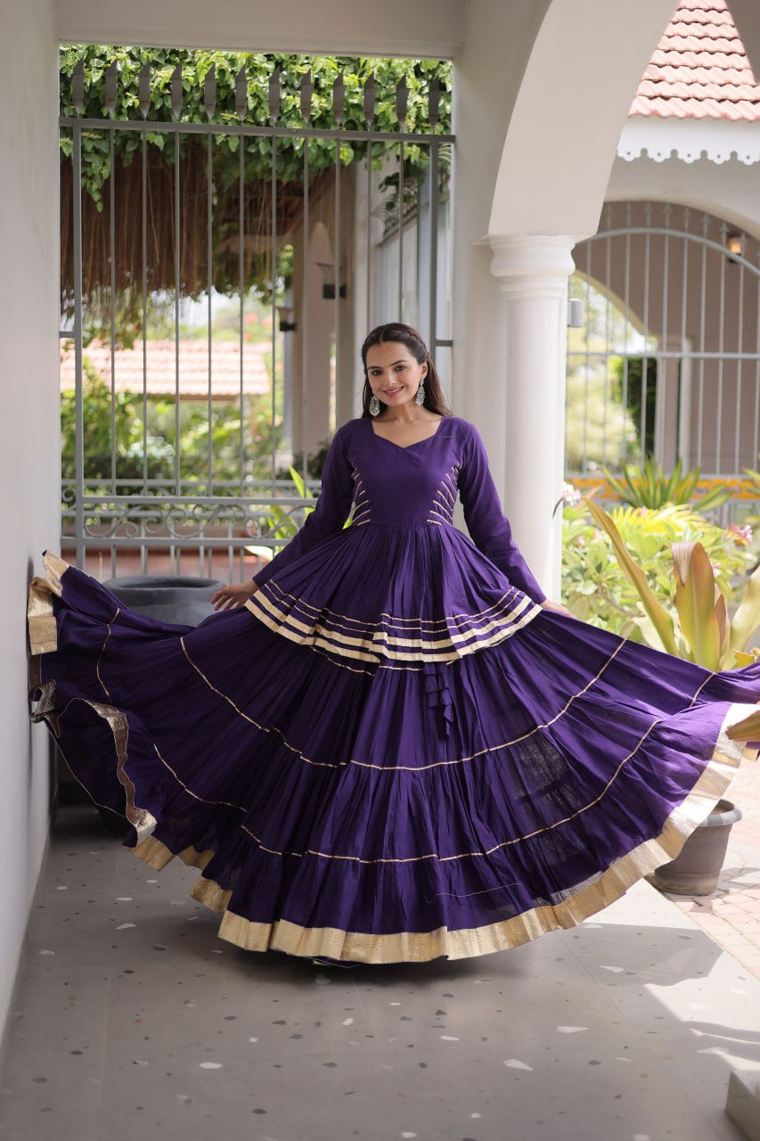 Womenline Royal Purple Tiered Navratri Lehenga Choli with Golden Border