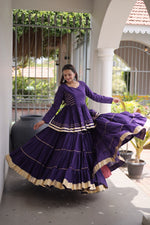 Womenline Royal Purple Tiered Navratri Lehenga Choli with Golden Border