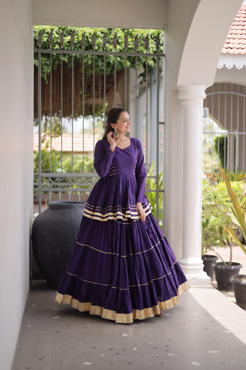 Womenline Royal Purple Tiered Navratri Lehenga Choli with Golden Border