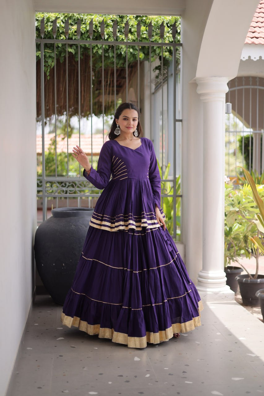 Womenline Royal Purple Tiered Navratri Lehenga Choli with Golden Border